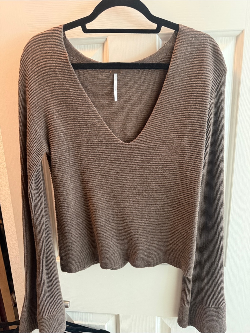 Free People Ribbed V-Neck Bell Long Sleeve Top in Taupe